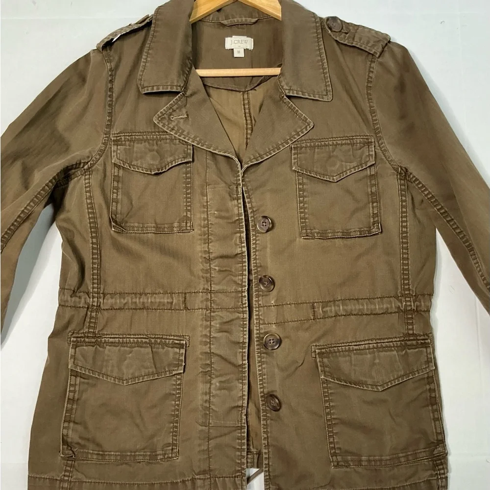J.Crew Brown Utility Field Jacket Women’s Medium – Distressed Khaki Button-Up - Picture 1 of 15